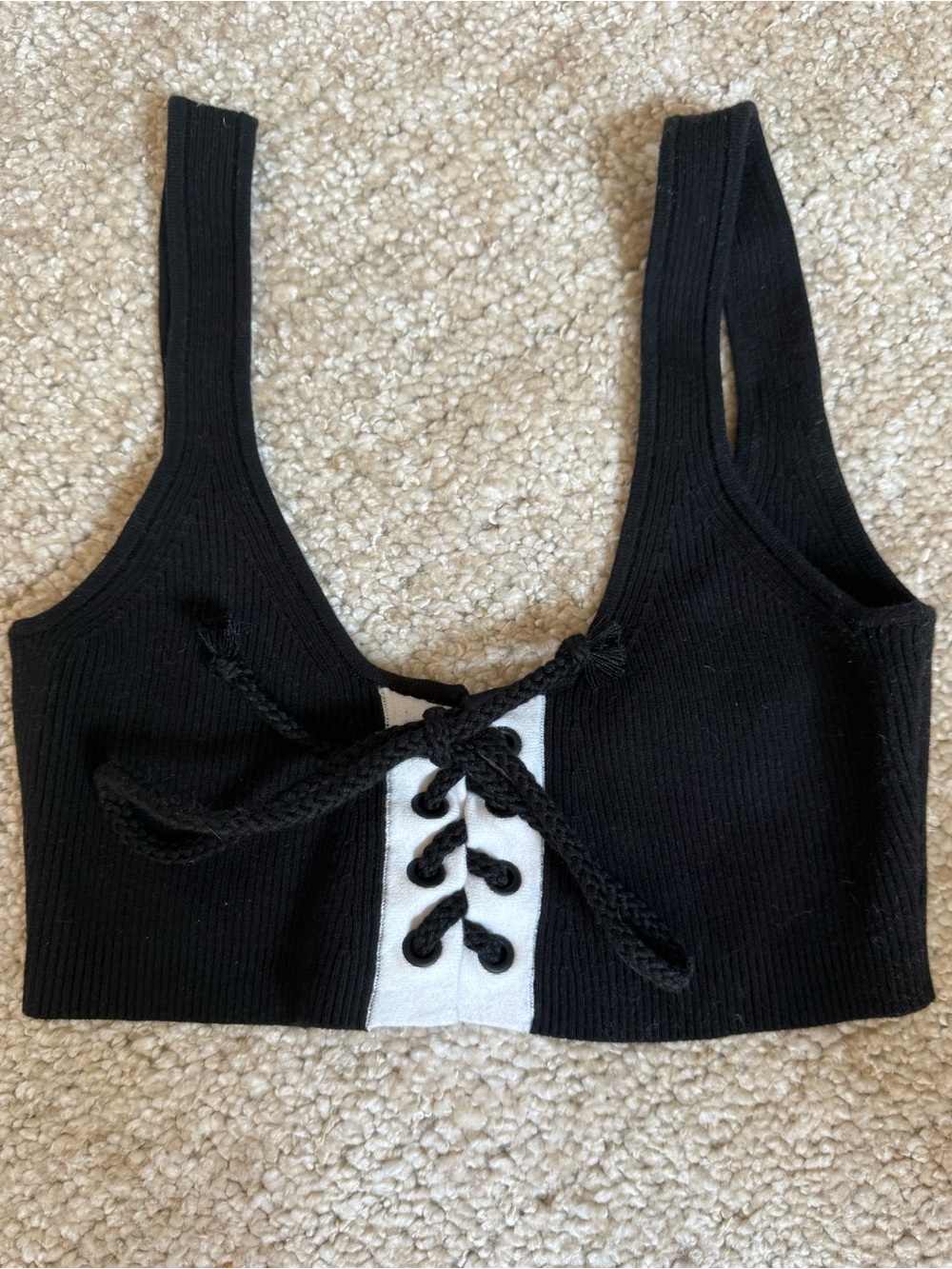 Fenty Black Lace-Up Ribbed Bralette with White Accent
